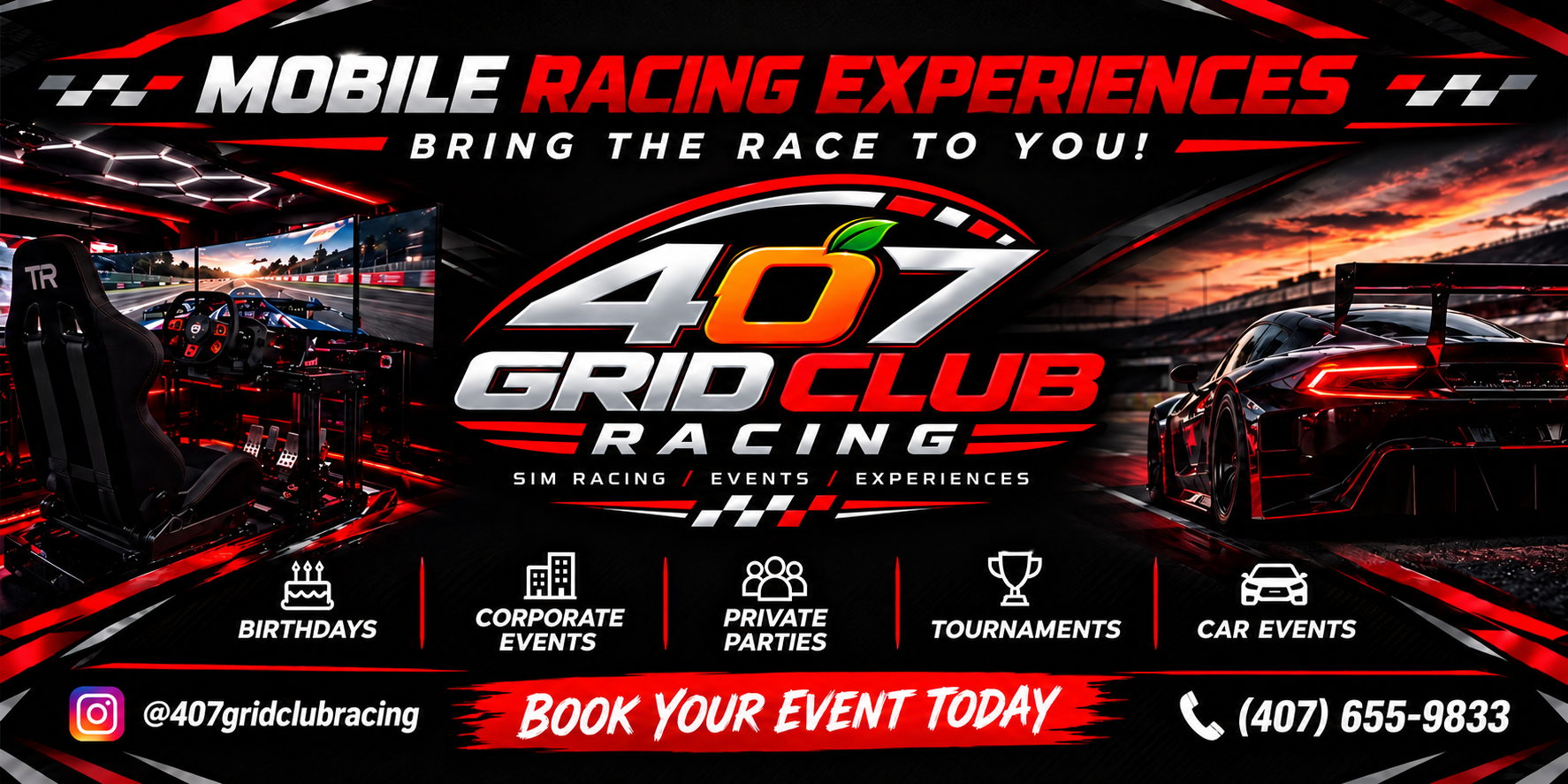 407 Grid Club Racing promotional artwork with a simulator and a race car