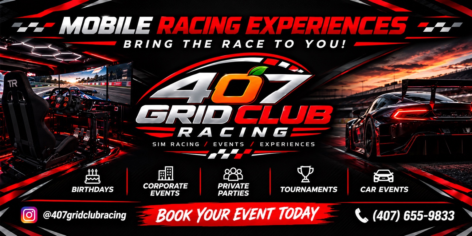 407 Grid Club Racing promotional artwork with a simulator and a race car